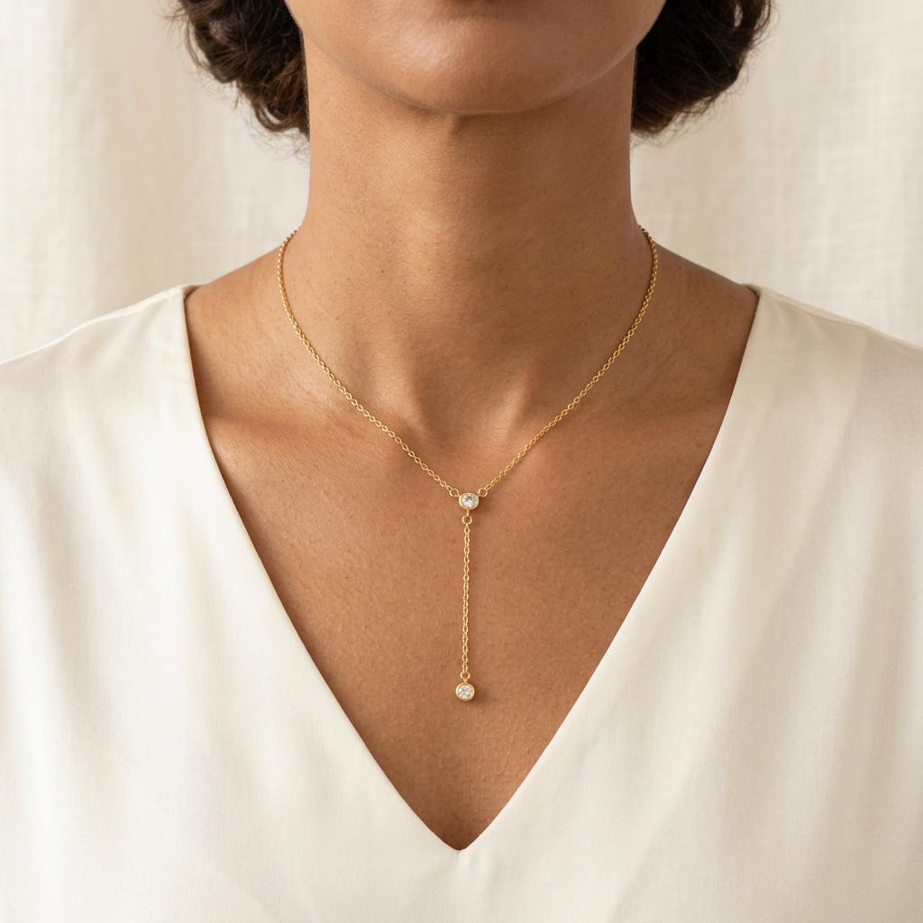 Collier en Y à deux zircons ronds en plaqué or porté