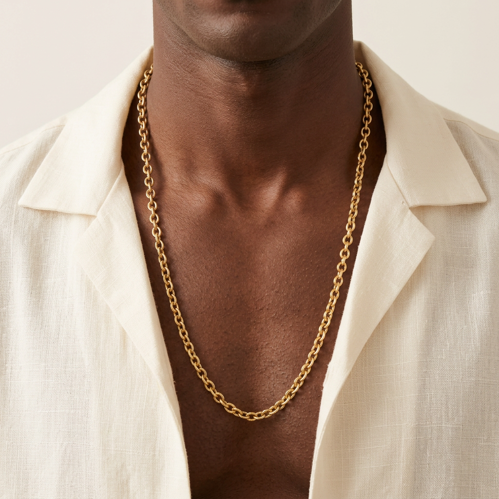 Collier Forçat petit modèle de 60 cm en plaqué or porté par un homme