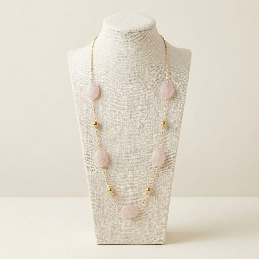Collier Aurose sur buste avec quartz rose mat