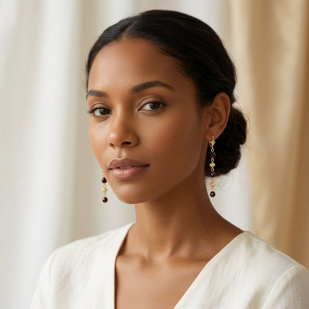 Boucles Choux et Grenat portées par une femme métisse