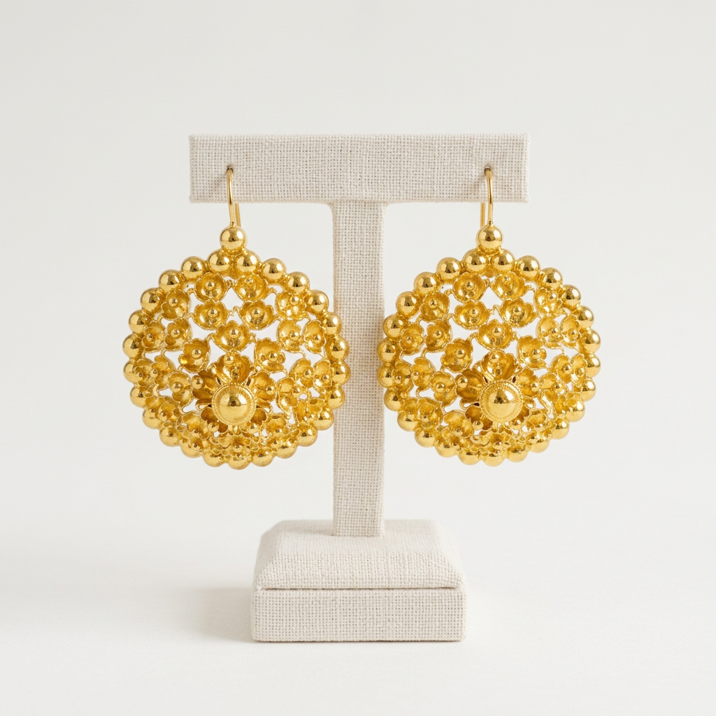 Paire de boucles d’oreilles quatre rangs sur présentoir ivoire, fond uni blanc cassé