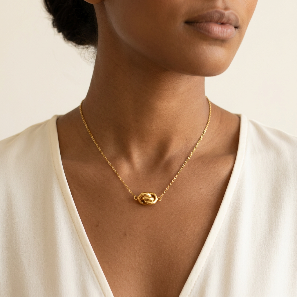 Collier Motif Entrelacé en plaqué or porté par une femme antillaise
