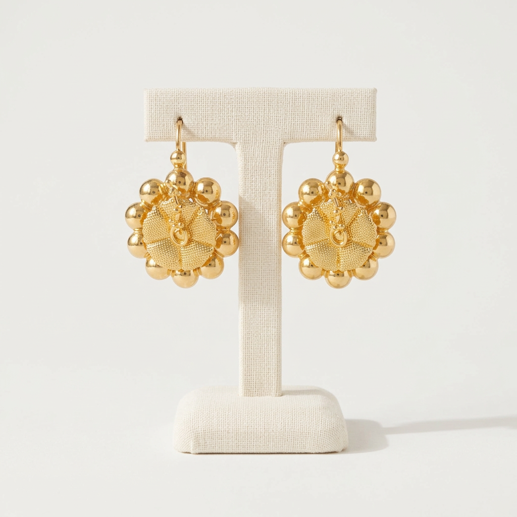 Boucles Traditionnelles Hibiscus sur un présentoir en lin ivoire