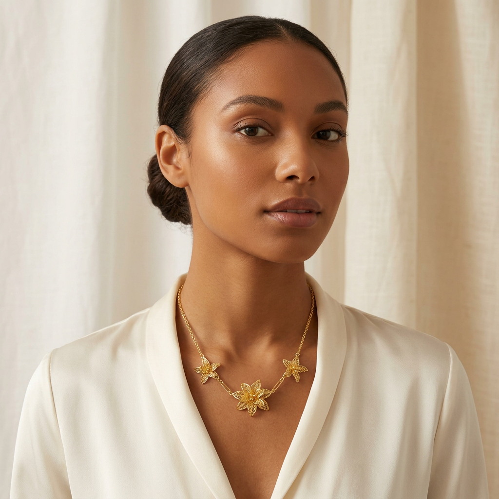 Collier Floréa porté par une femme métisse