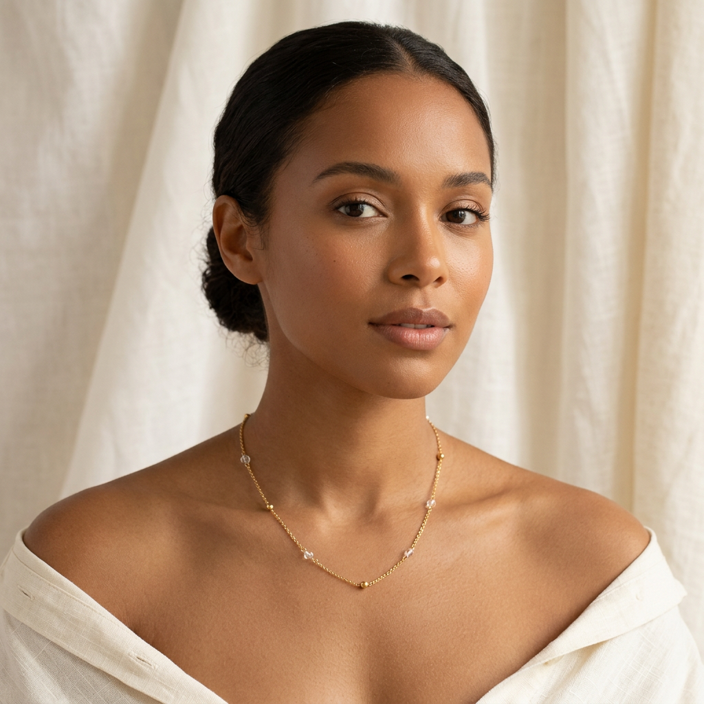 Collier Naïa porté par une femme métisse