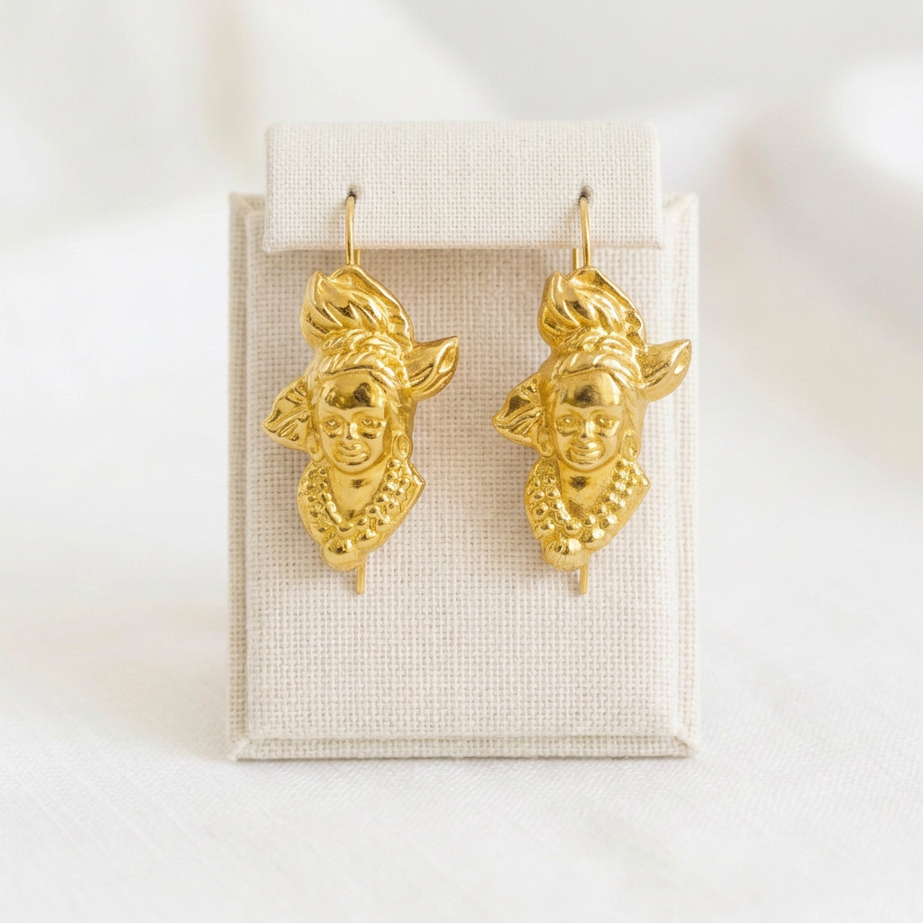 Paire de Boucles Tête Antillaise sur présentoir en lin ivoire