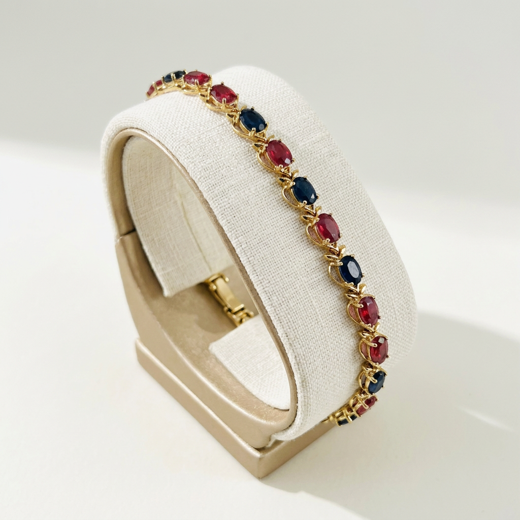 Bracelet Rubis Azur sur un présentoir en lin ivoire
