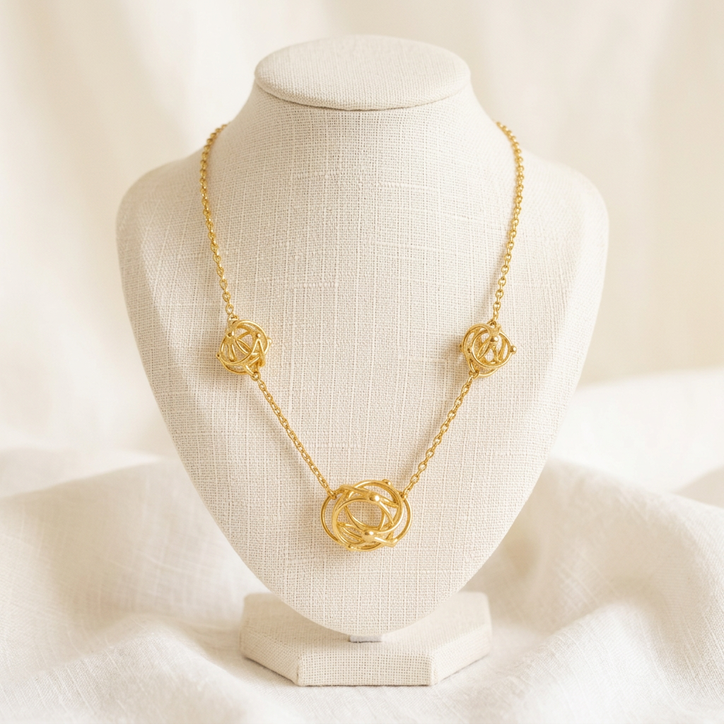 Collier 3 Cyclones en plaqué or sur buste en lin ivoire