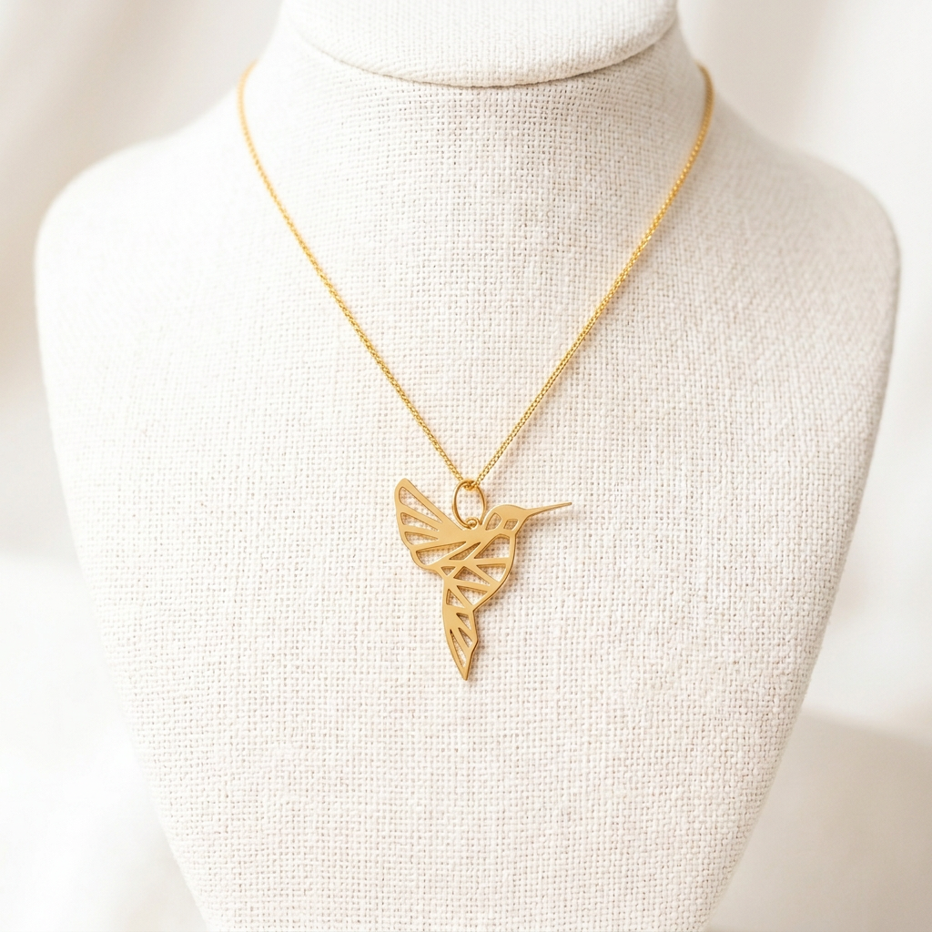 Petit pendentif Colibri Envol sur buste en lin ivoire, lumière douce