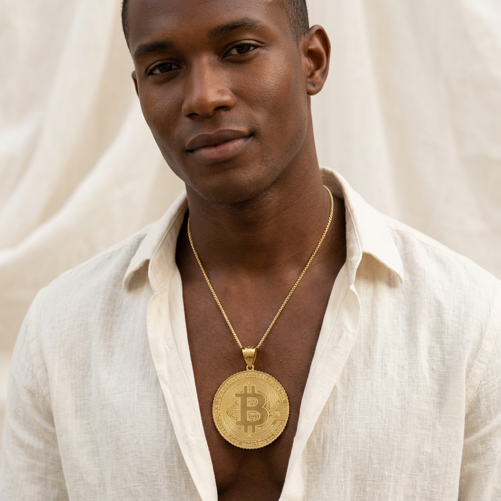 Pendentif Bitcoin de 0,8 mm d'épaisseur porté par un homme