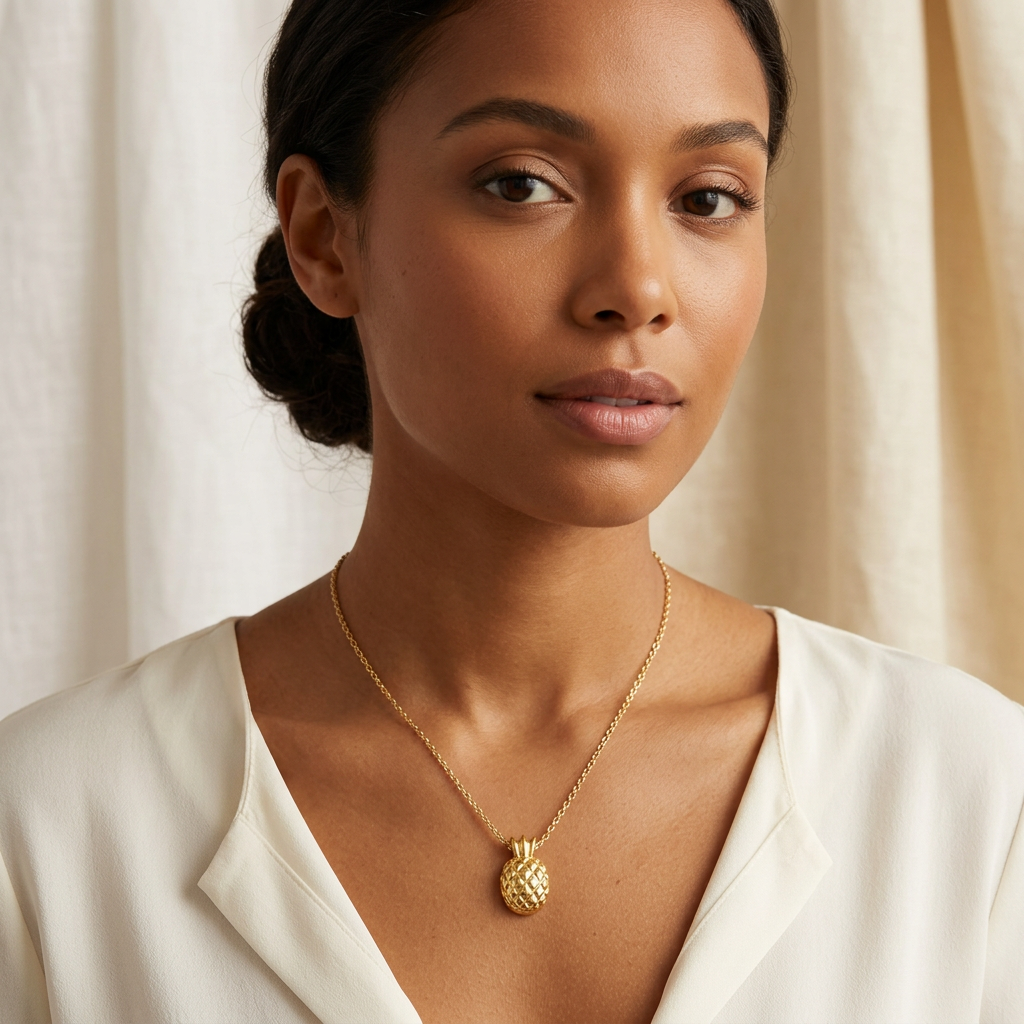 Collier Ananas porté par une femme métisse