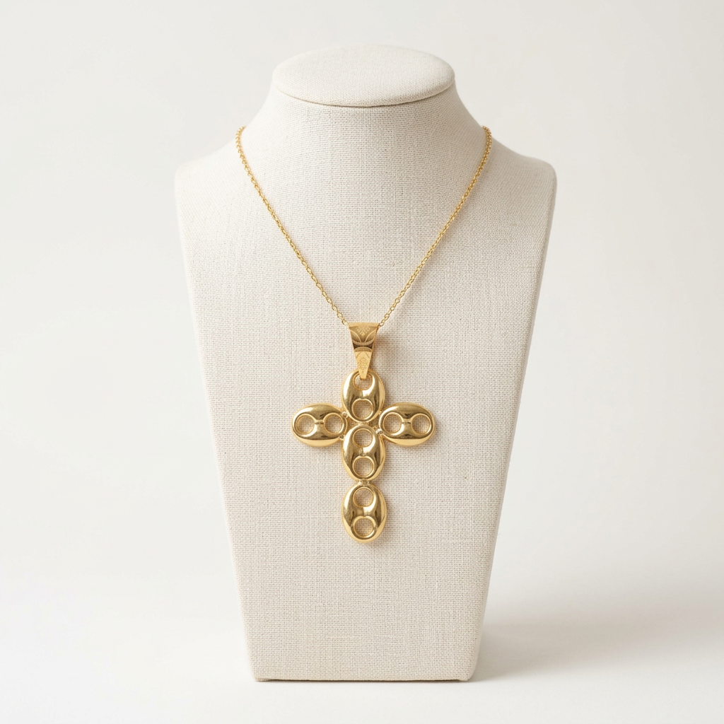 Pendentif Croix Maille Café sur un buste en lin ivoire