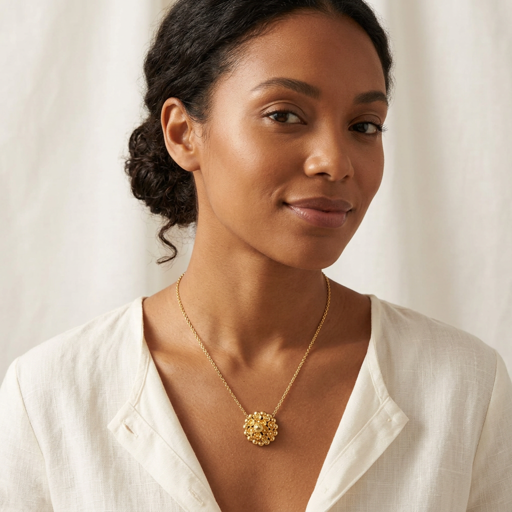 Collier Tété Négresse porté par une femme métisse