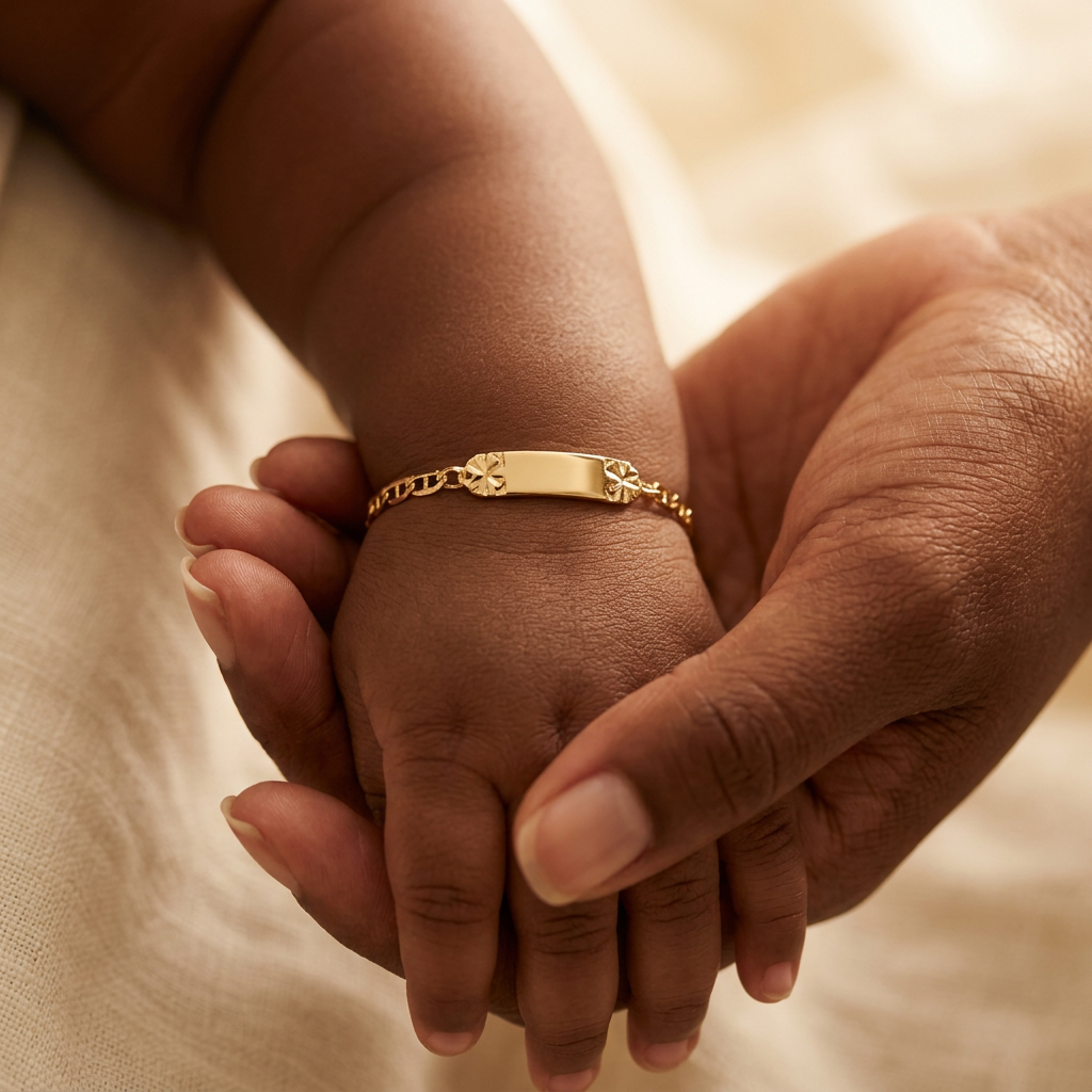 Bracelet bébé porté au poignet, main soutenue par un adulte