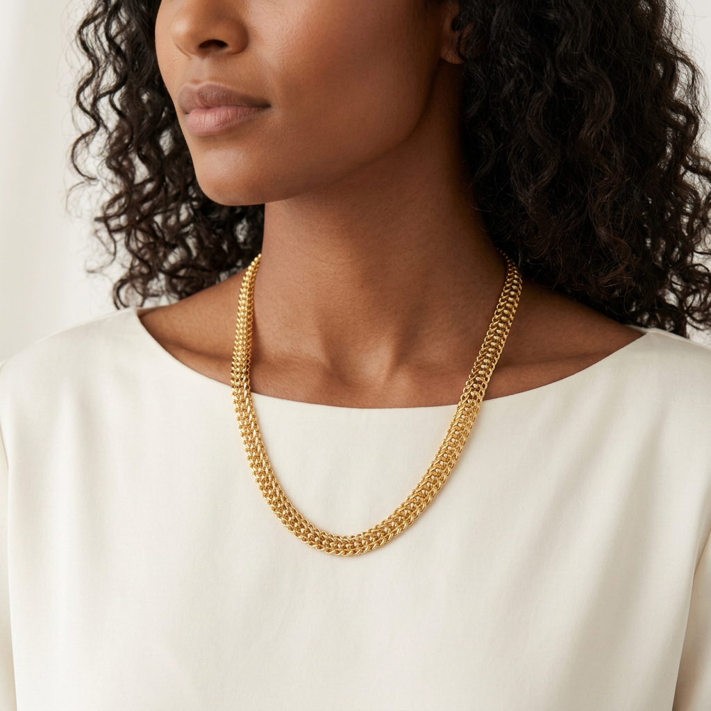 Collier Américain Inter Boules porté par une femme antillaise aux cheveux bouclés