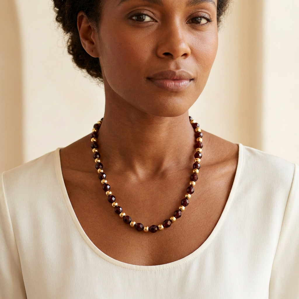 Collier Boules et Grenat porté, perles réduites