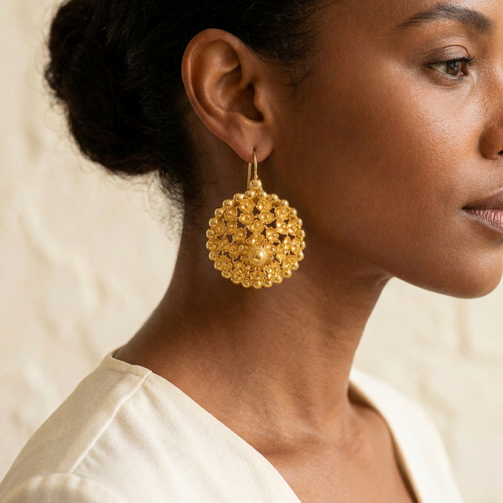 Boucles d’oreilles quatre rangs en plaqué or portées, taille réduite validée