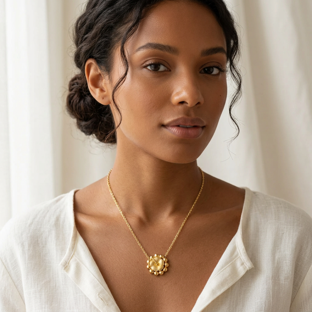 Collier Tradition Hibiscus porté par une femme métisse
