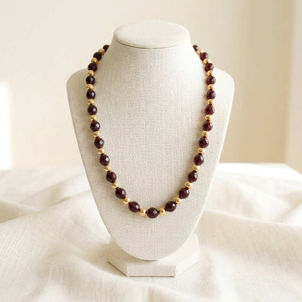 Collier Boules et Grenat sur buste en lin ivoire, perles réduites