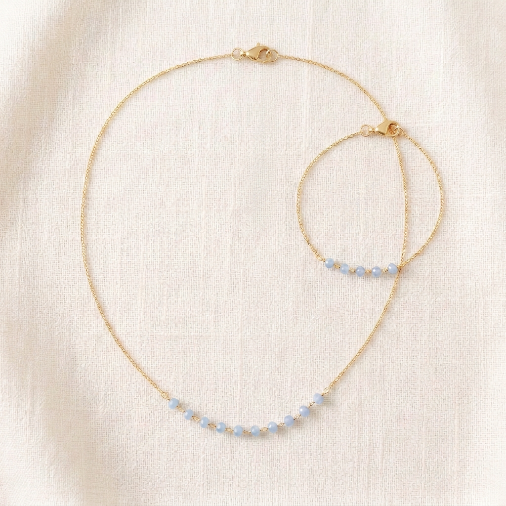Parure bleu ciel, fermoir mousqueton sans chaînette